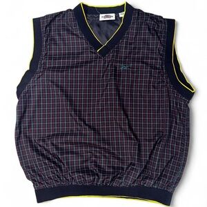 Vintage men’s 90s Reebok golf windbreaker preppy plaid vest navy blue and green